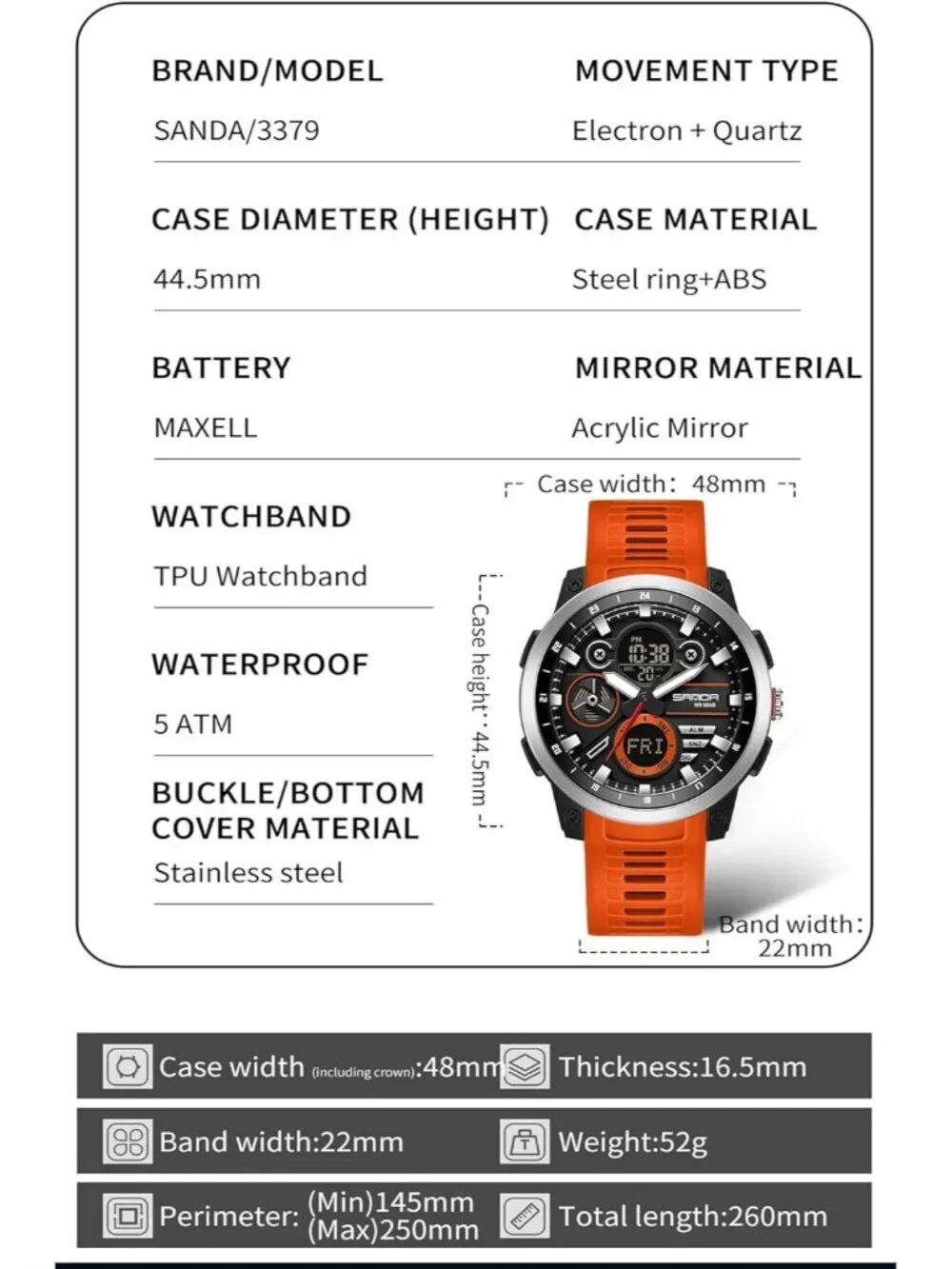 Men's Orange Analog Quartz Stainless Steel Military Electronic LED Digital Watch